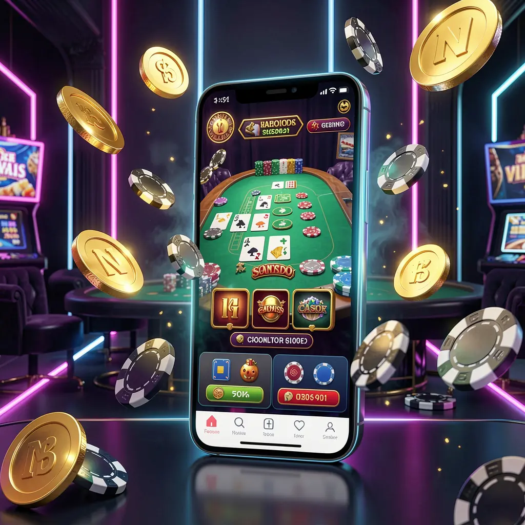 JR785 online casino mobile app hero banner showing a modern smartphone with a glowing casino interface, golden coins and poker chips flying around against a dark luxury background with neon accents