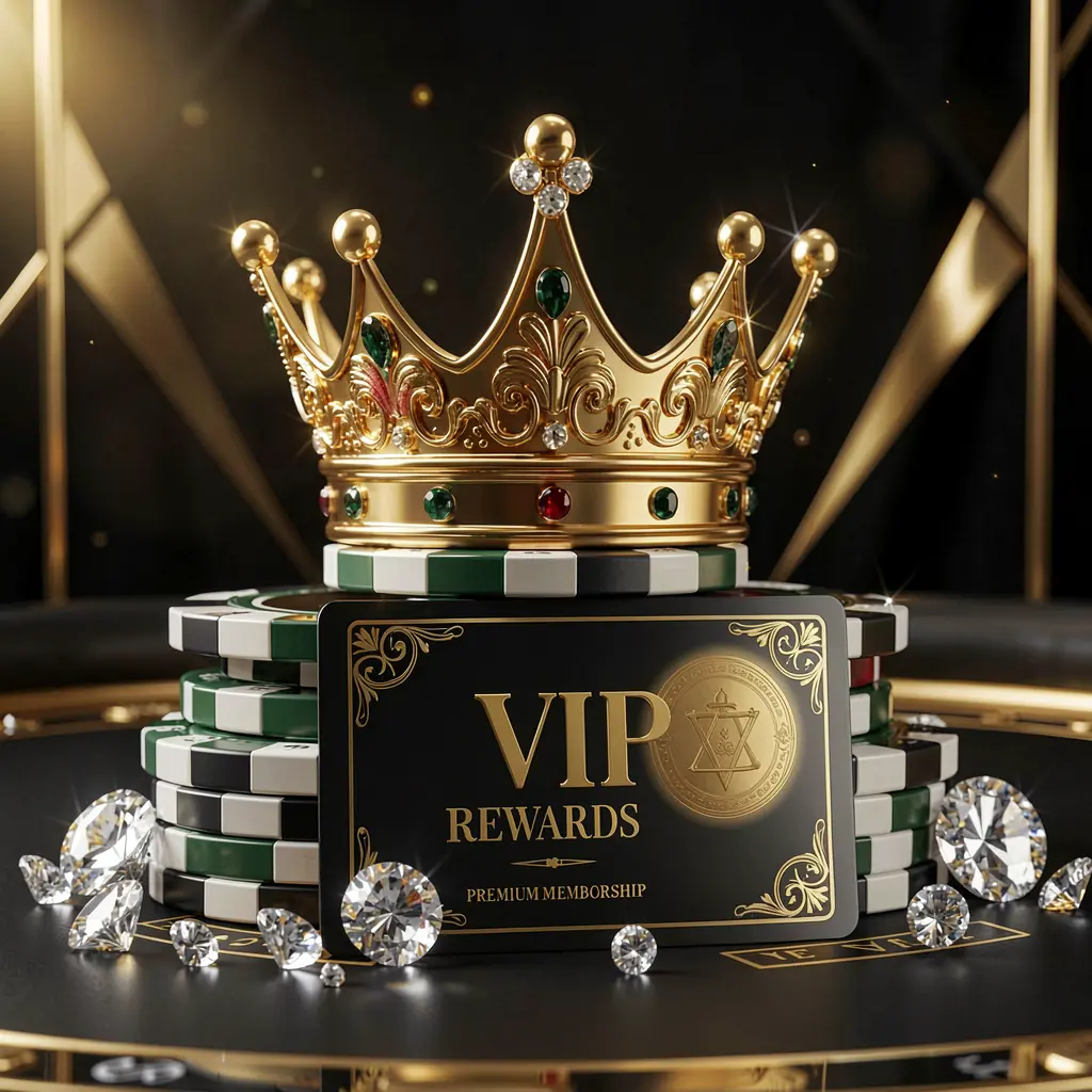 Elegant golden crown on poker chips with sparkling diamonds and a premium membership card in a luxury black and gold background, showcasing JR785 VIP casino rewards in an exclusive high-end casino atmosphere