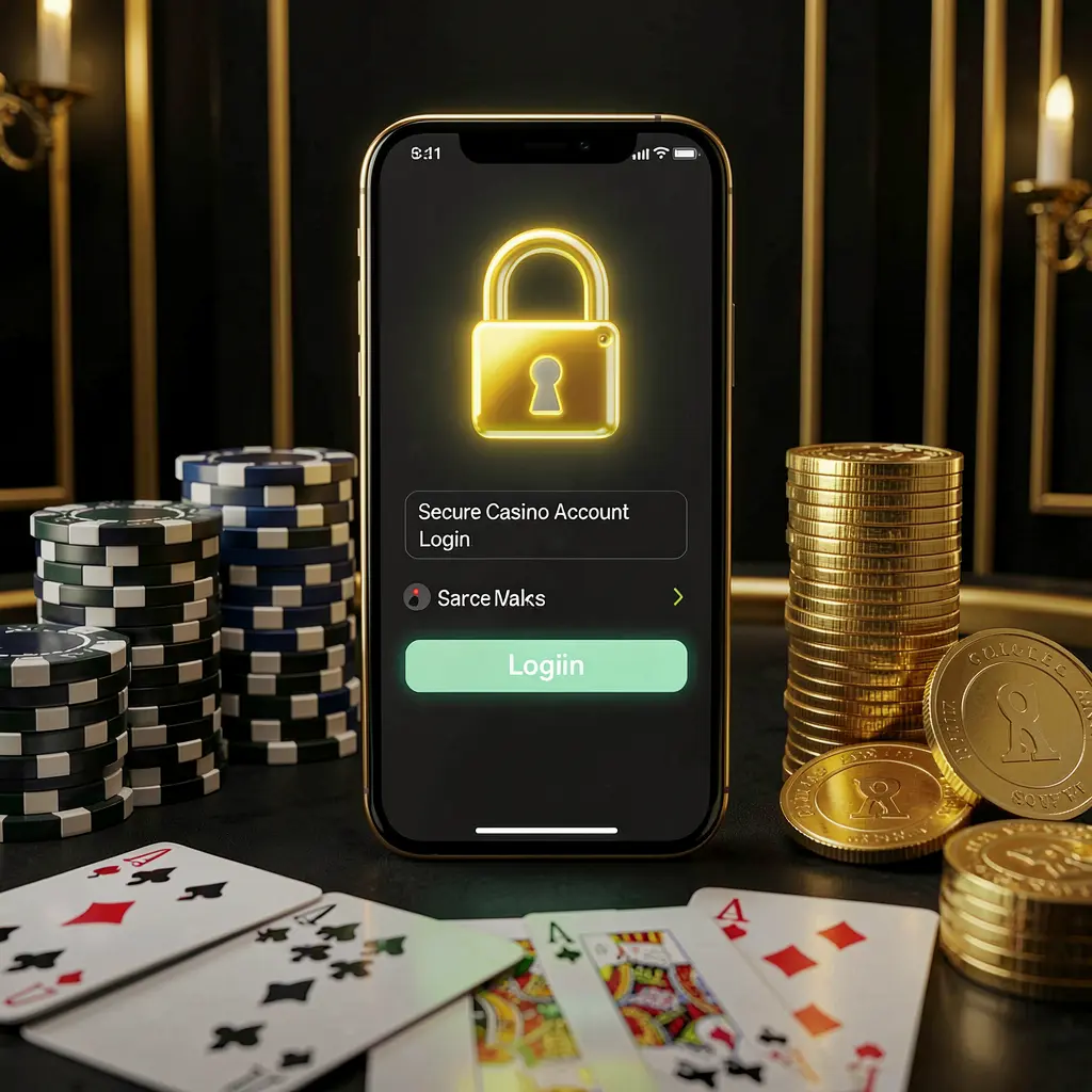JR785 secure casino account login concept with glowing lock icon on smartphone screen surrounded by poker chips, playing cards, and golden coins against an elegant black and gold background