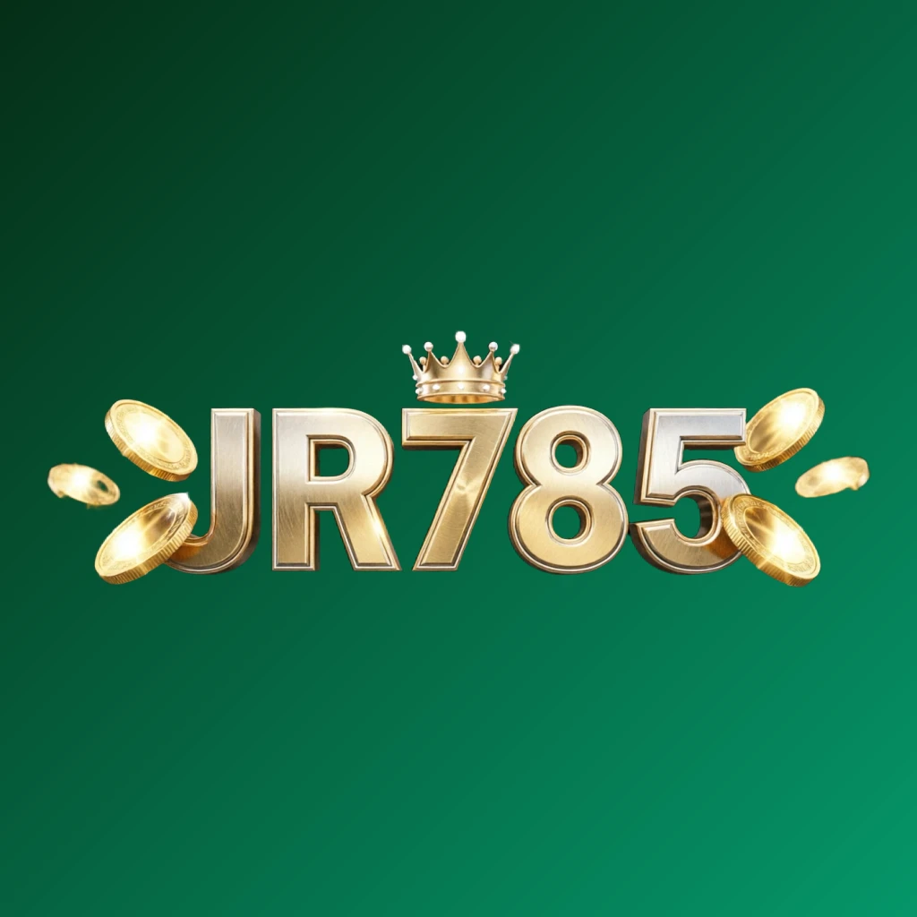 JR785 casino-style logo featuring golden letters with a crown element and sparkling coins, set in a luxury gaming atmosphere on a transparent background, designed as a horizontal rectangular wordmark for website header