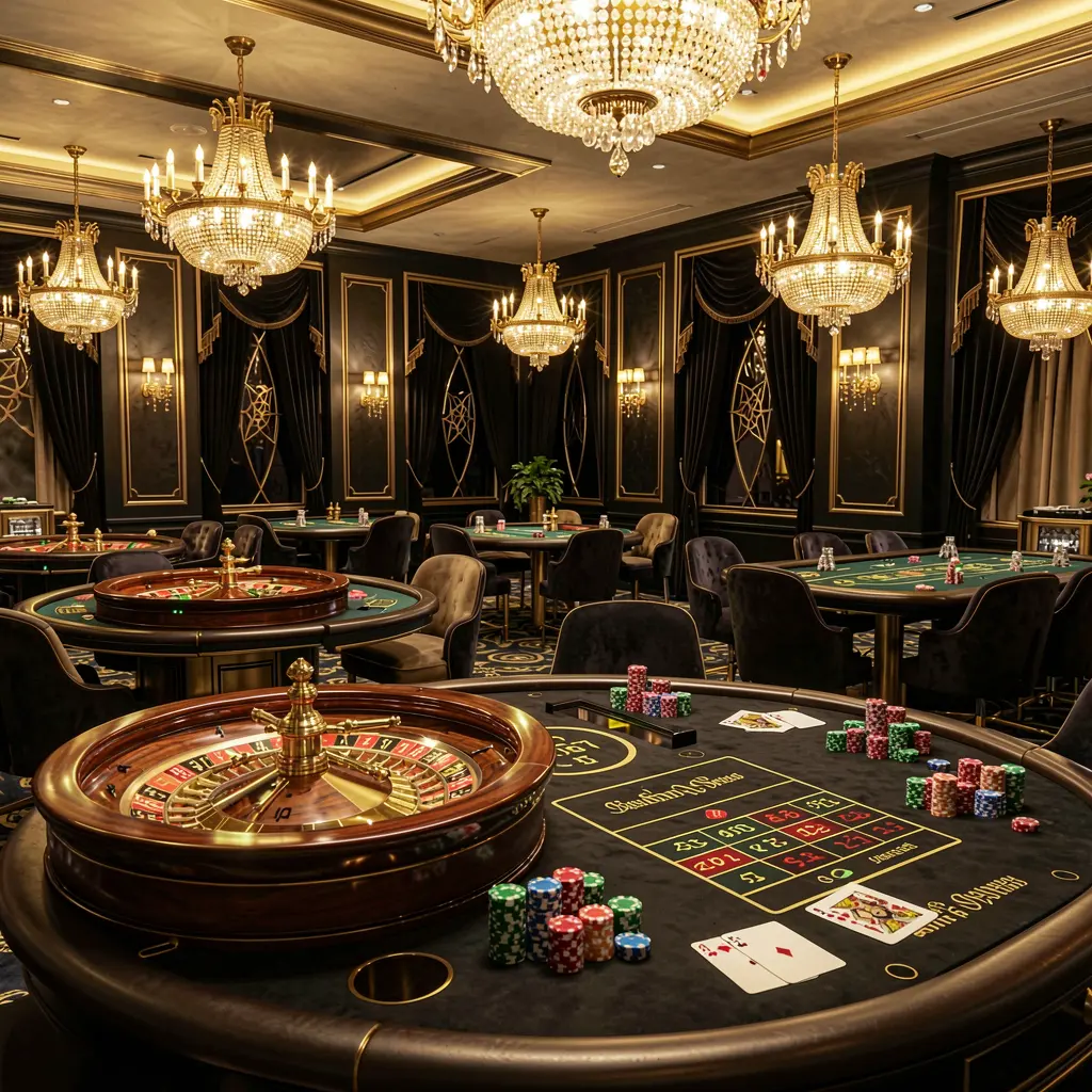 JR785 luxury online casino lobby with glowing roulette tables, golden lights, poker chips, and cards in a premium black and gold design